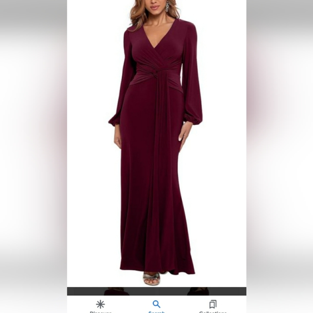 Betsy and Adam draped long sleeve evening gown